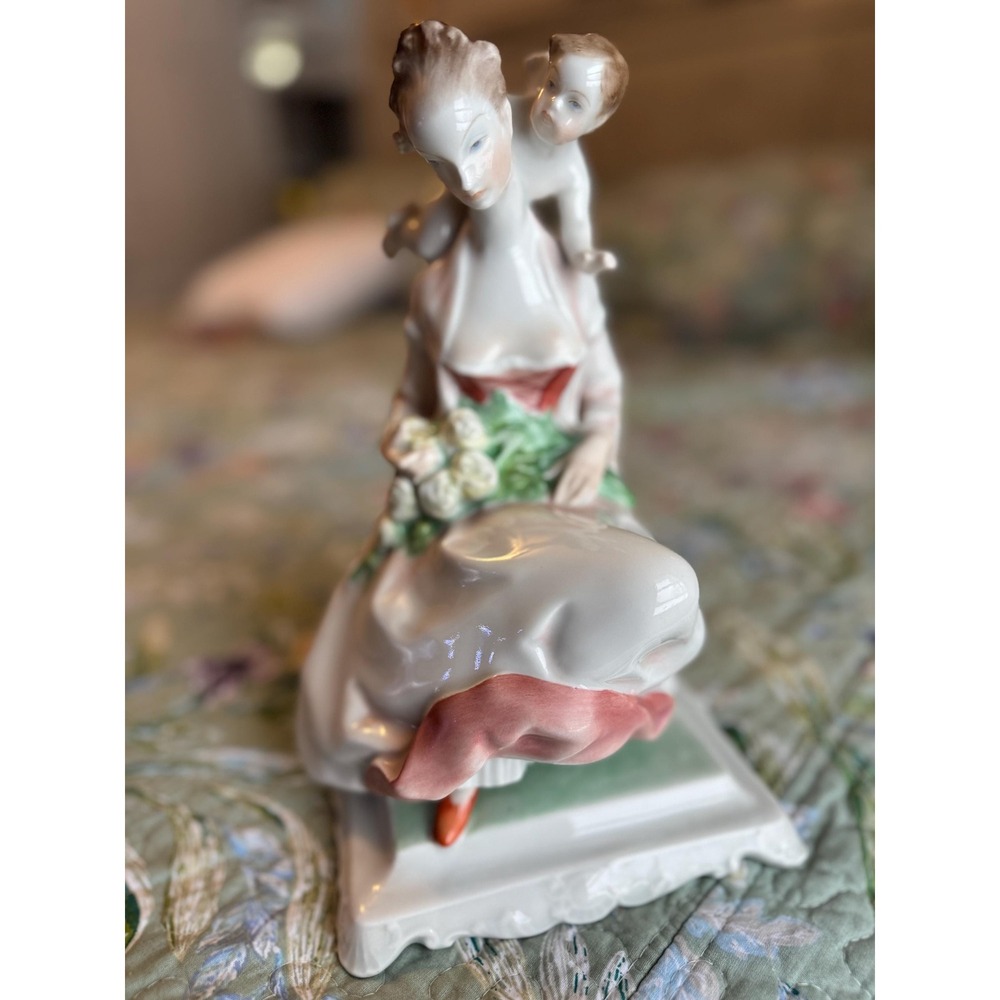 Herend Hungary Porcelain Figurine – Lady with Winged Child / Cherub 1920 PERFECT